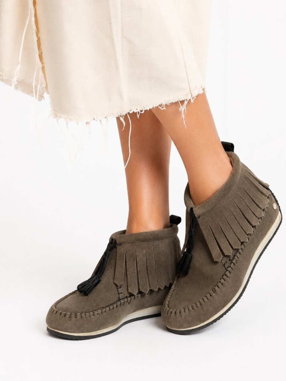 NWT RAG & BONE GHITA TAUPE SUEDE LEATHER DRAWSTRING FRINGED MOCCASIN - 8,5